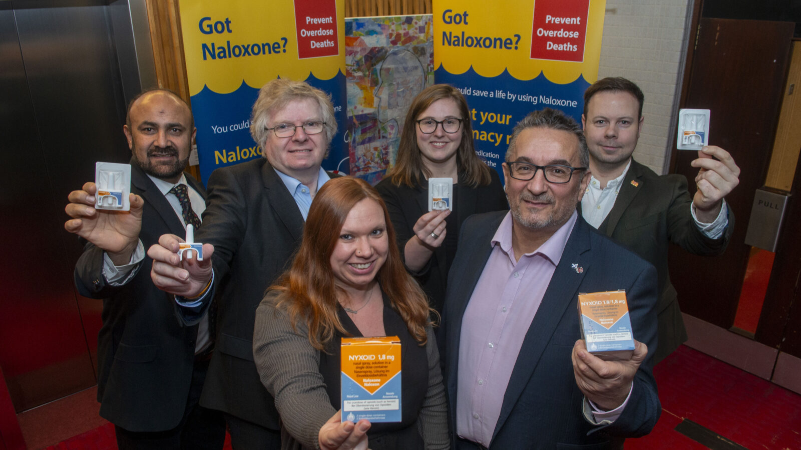 Back row (left to right)- Councillors M Taqueer Malik, Ian Yuill, Miranda Radley and Ciaran McRae. Front row (left to right) – Lucy Simpson, Development Officer in Aberdeen City Council’s Early Intervention and Community Empowerment service and Councillor Christian Allard. Each are holding a Naloxone nasal spray kit.