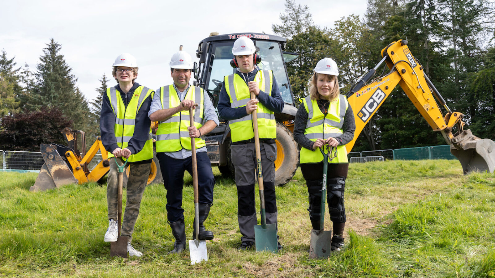 Camphill School Aberdeen students join Executive Director Alex Busch to break ground on the site of their new 11 bedroom-residential house at the charity’s Murtle EstateL-R Duncan Ewen (student), Alex Busch (Executive Director), Steven Campsie (student), Freya Laird-Bisset (student)