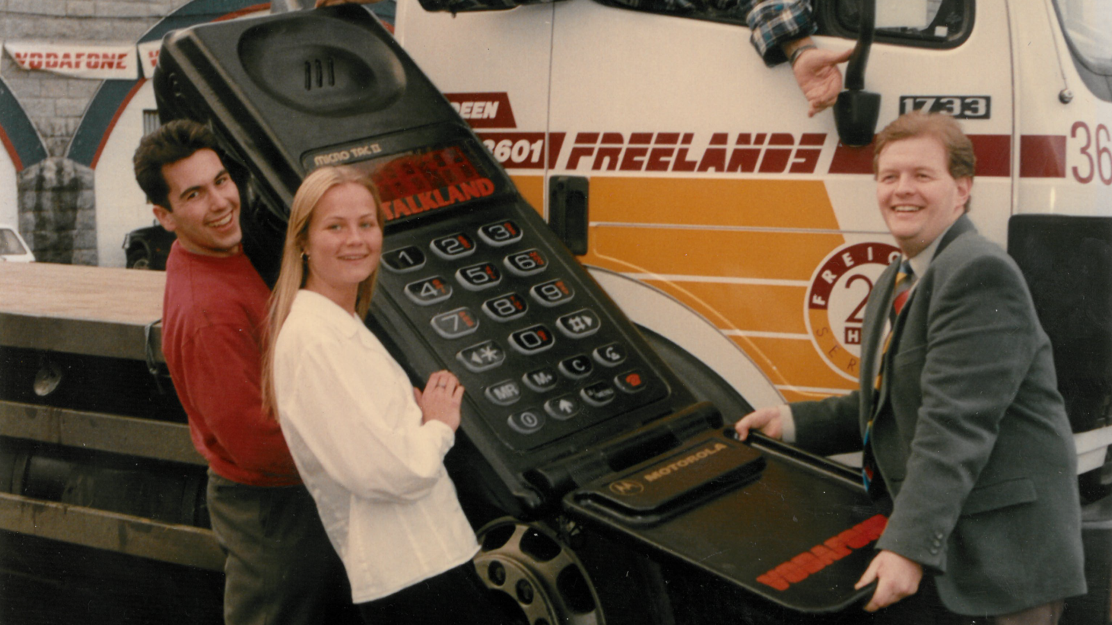 Managing Director Fiona Fraser and Sales Director Craig Forsyth circa 1995 with the then new Big Phone
