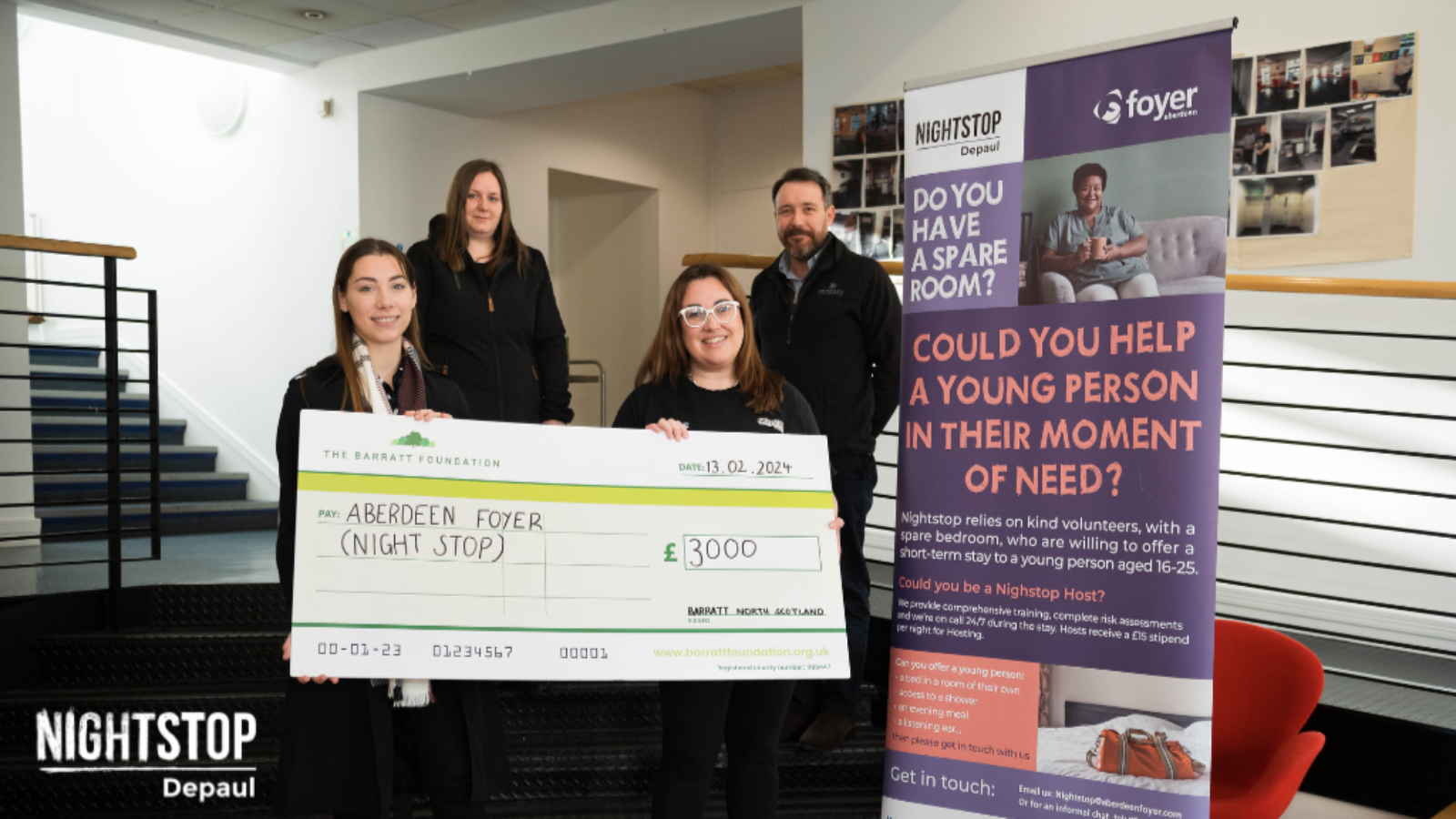 Aberdeen Foyer thanks Barrat Homes for generous donation to Nightstop project